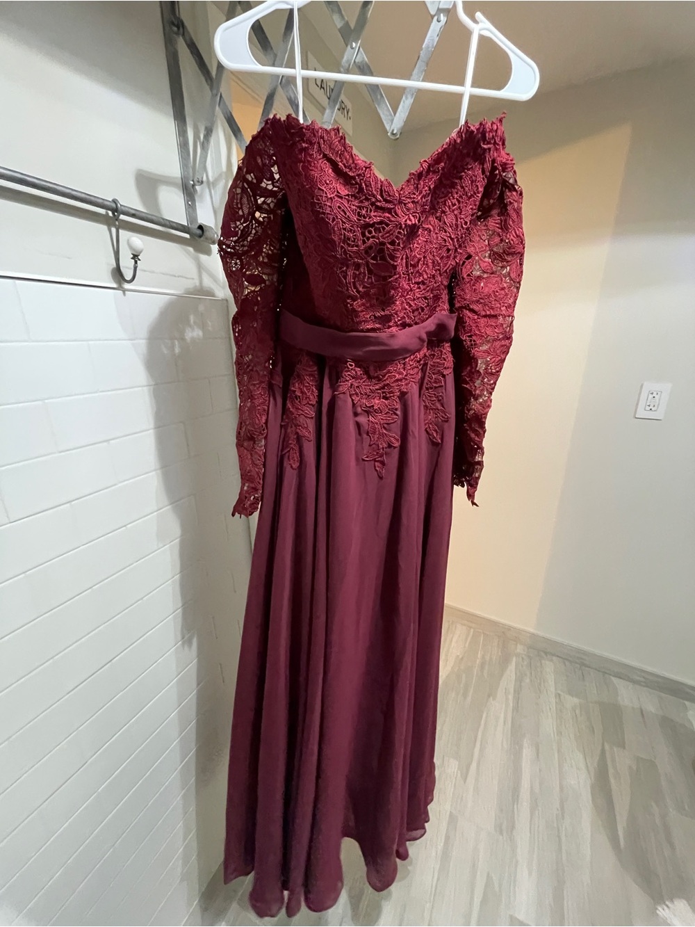 Off-Shoulder Lace Bodice Burgundy Evening Dress